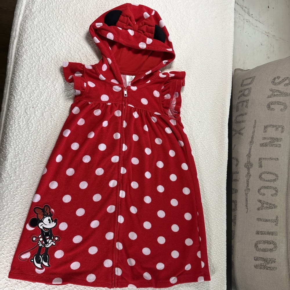 Disney Minnie Mouse Girls Swim Cover Up Red White Polka Dot Hooded Size 7/8